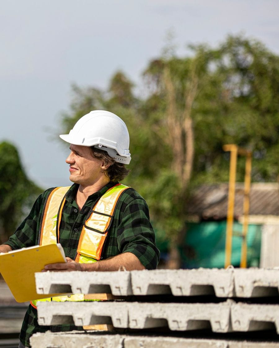 A project manager reviewing site paperwork on a construction project